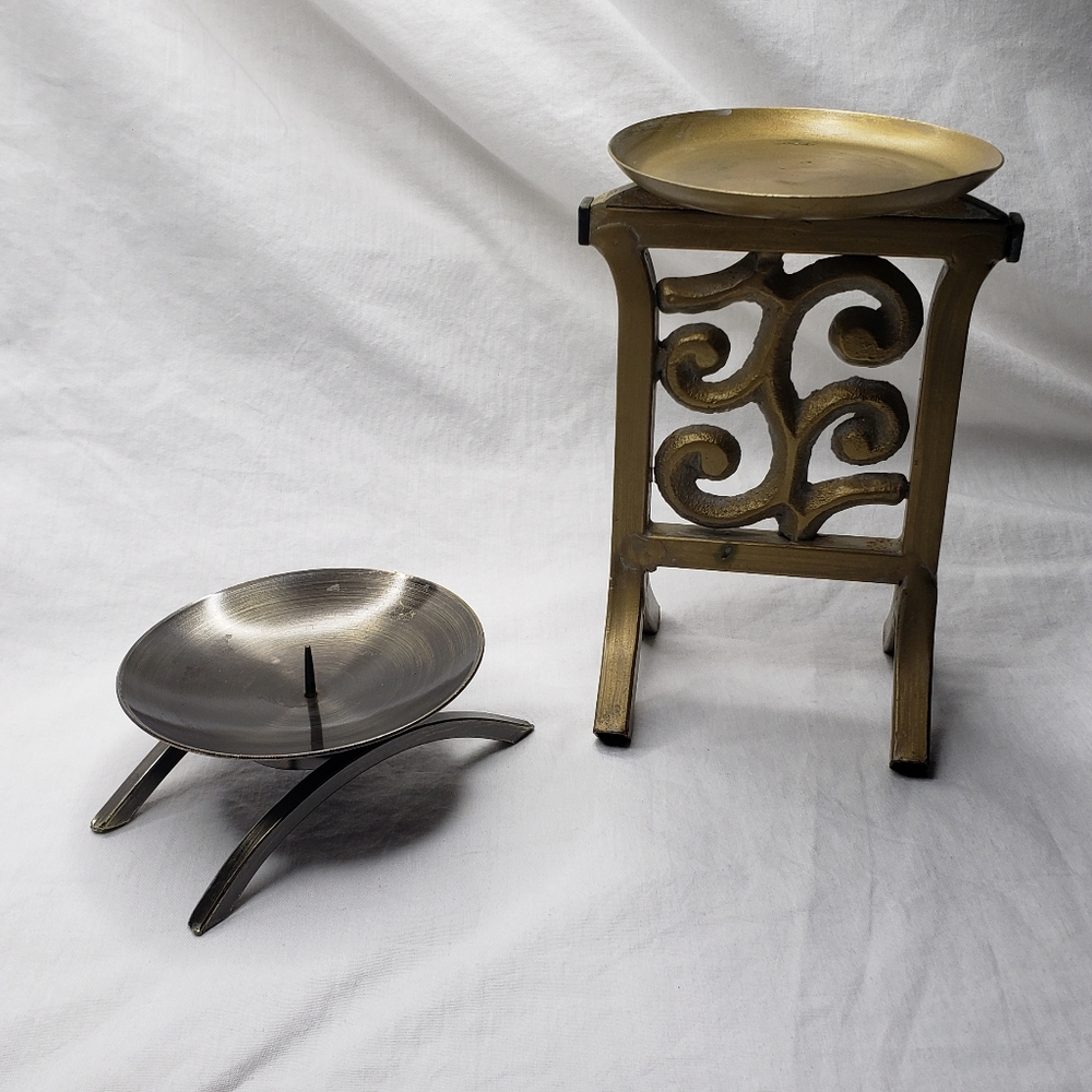 Two Boho Pillar Candle Holders Distressed Asia